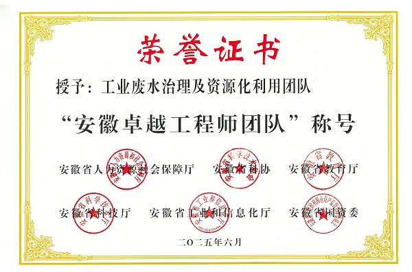 安徽工程師獎-工業廢水處理與資源化利用證書